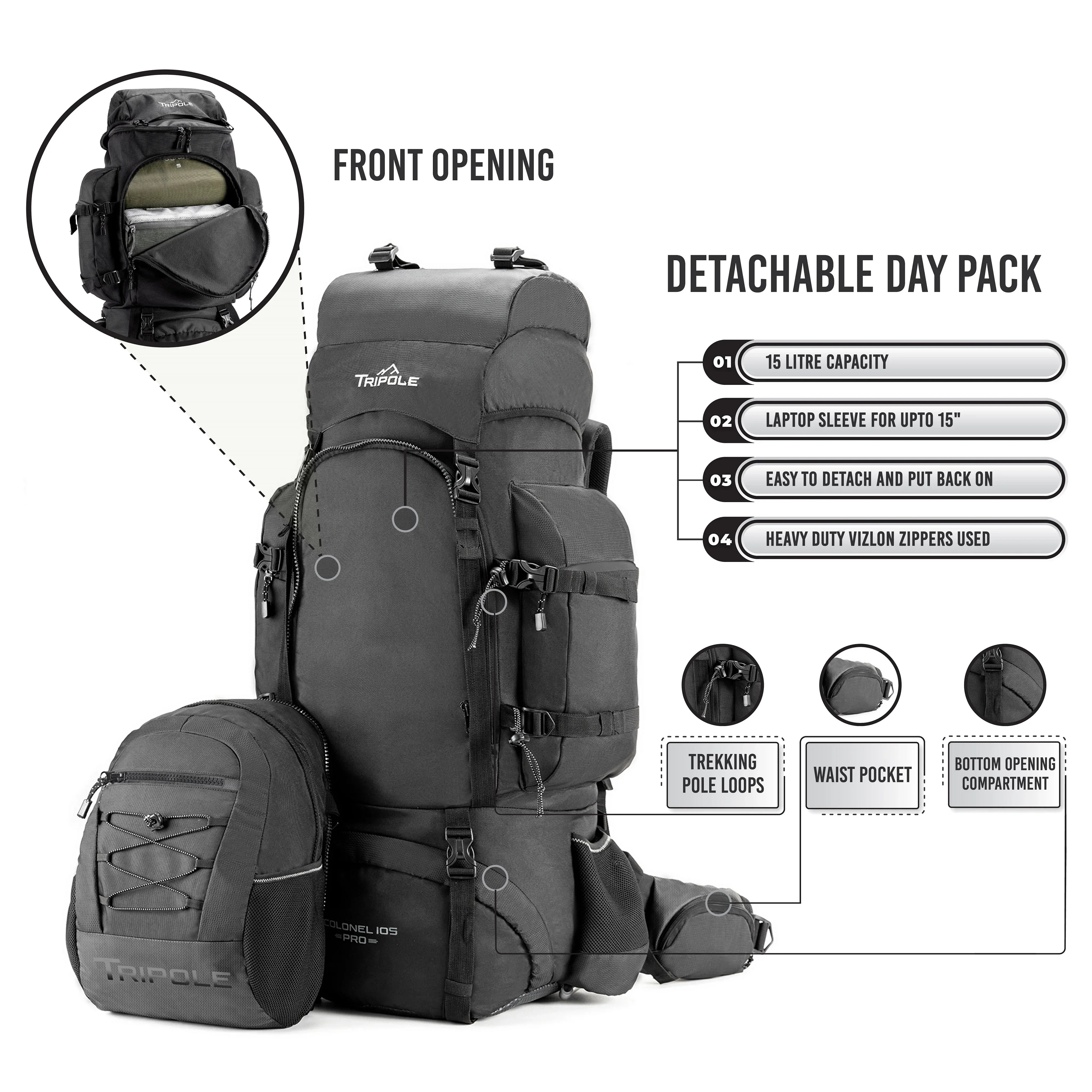 Tripole Colonel Pro Metal Frame Rucksack with Detachable Day Pack and Rain Cover for Trekking and Travelling | 5 Year Warranty (105 Ltr, Black)