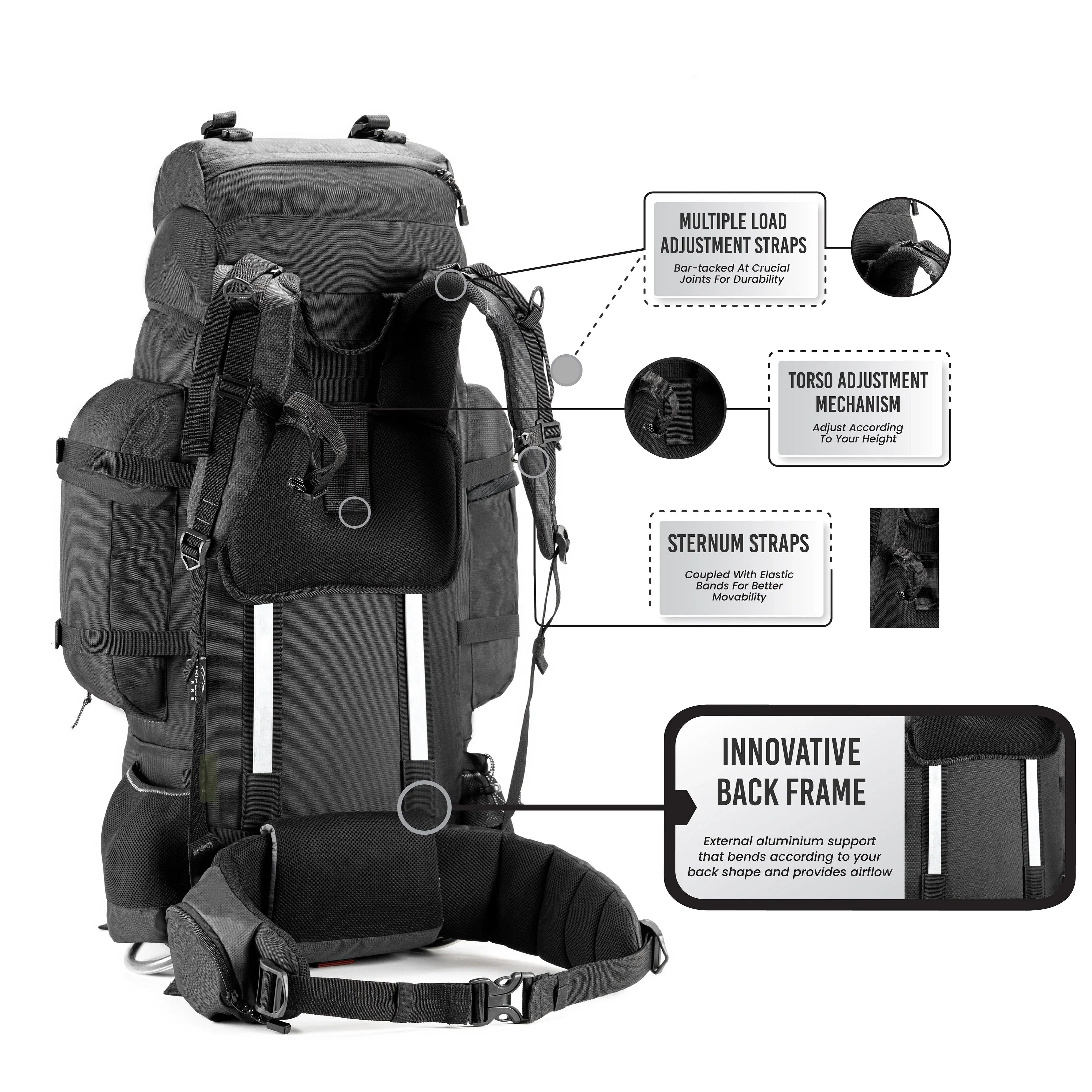 Tripole Colonel Pro Metal Frame Rucksack with Detachable Day Pack and Rain Cover for Trekking and Travelling | 5 Year Warranty (105 Ltr, Black)