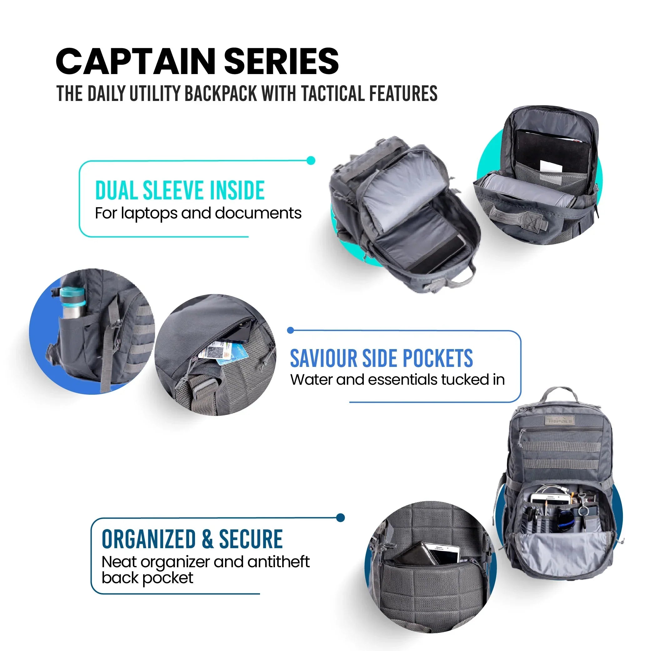 Tripole Captain 25 Litres Tactical Backpack with MOLLE Webbing and Carabiner Khaki