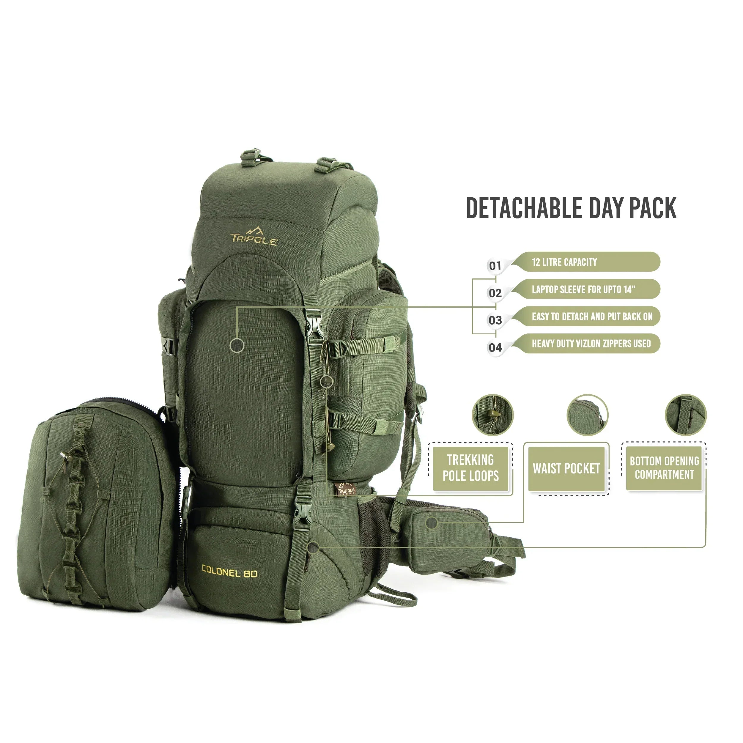 Tripole Colonel Metal Frame Rucksack with Detachable Bag & Rain Cover for Trekking & Travelling | Men & Women | 3 Year Warranty | Army Green | 95 Litre