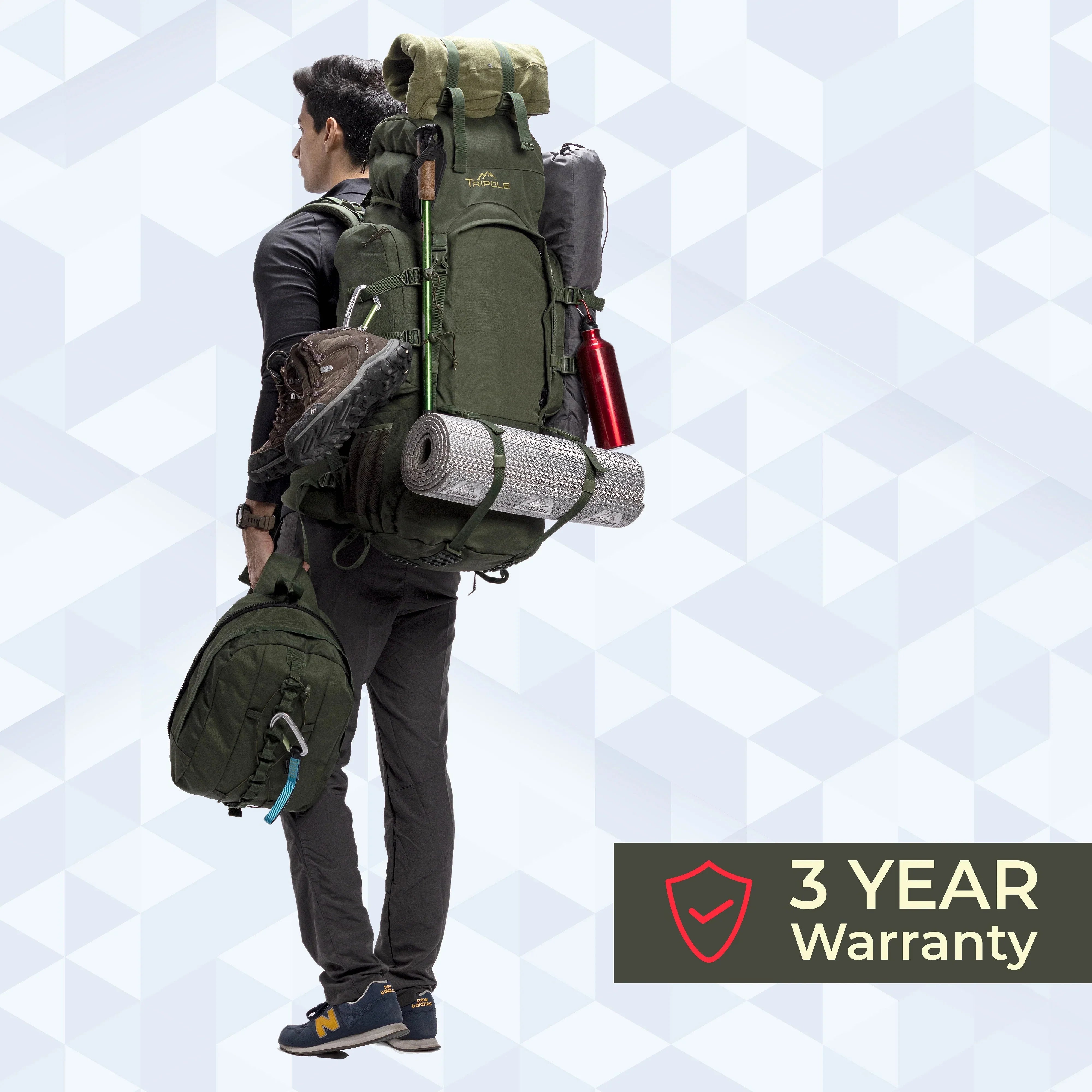 Tripole Colonel Metal Frame Rucksack with Detachable Bag & Rain Cover for Trekking & Travelling | Men & Women | 3 Year Warranty | Army Green | 80 Litre