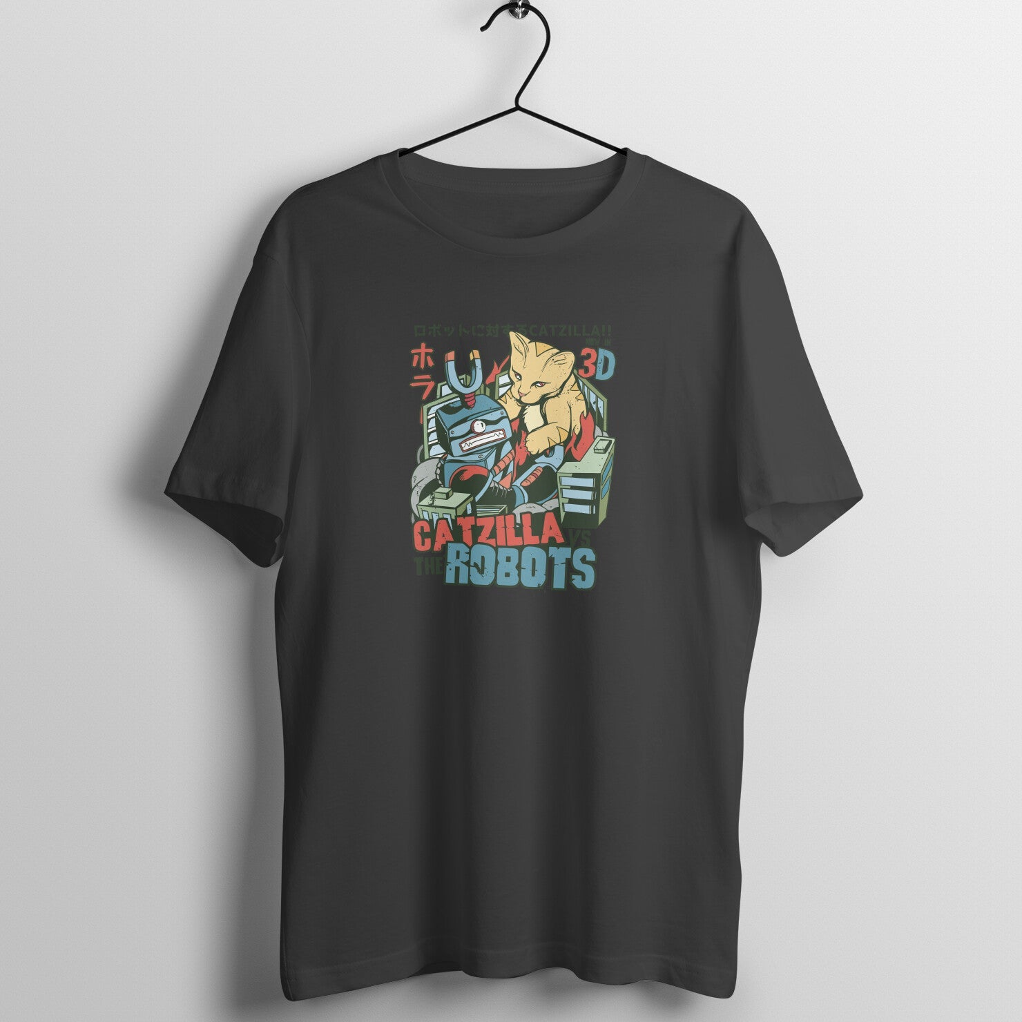 SIRIMIRI Cat and Robots Design Round Neck T-shirt