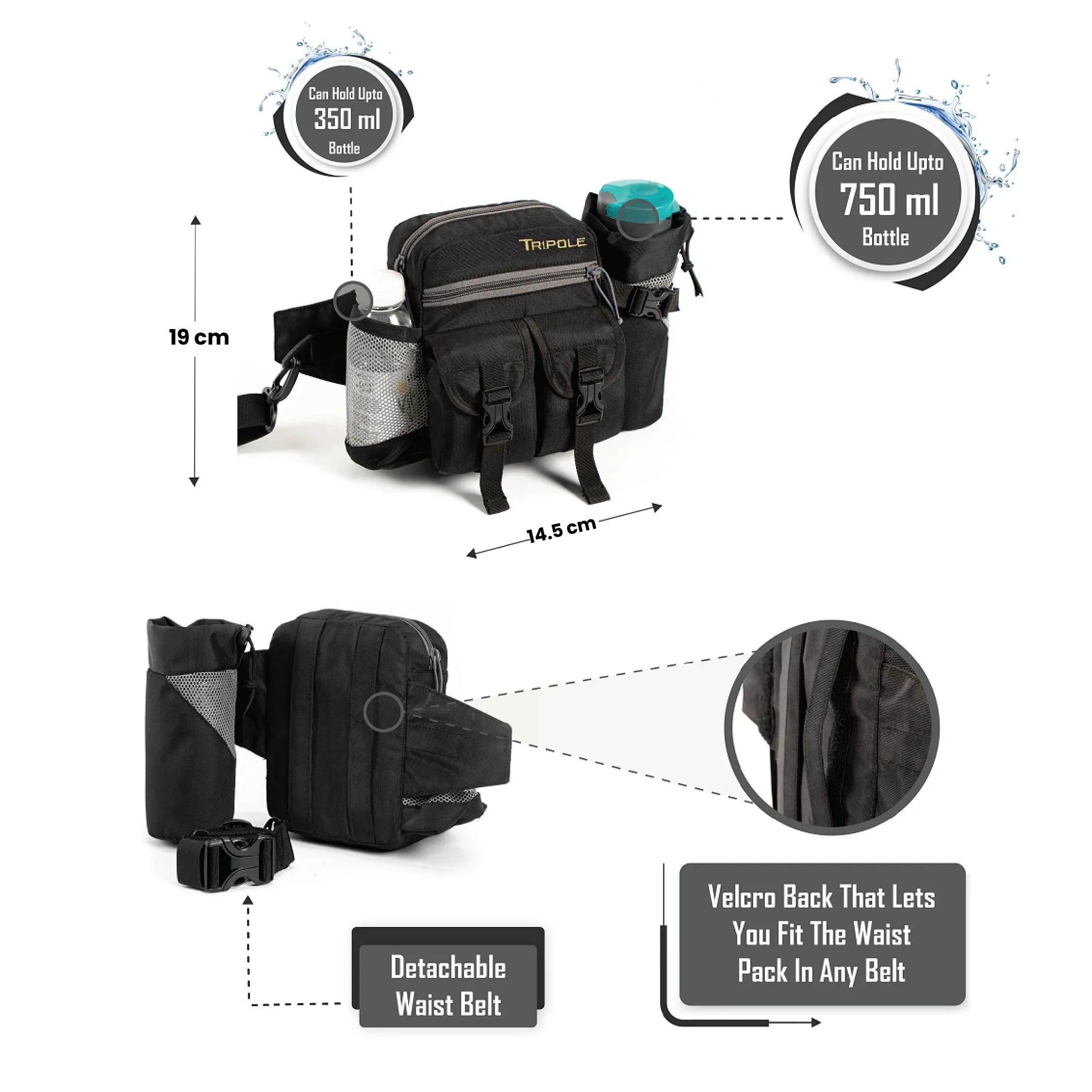 Tripole Waist Pack with Detachable Bottle Holder - Multi-Utility Waist and Sling Bag for Hiking, Cycling, and Backpacking Black