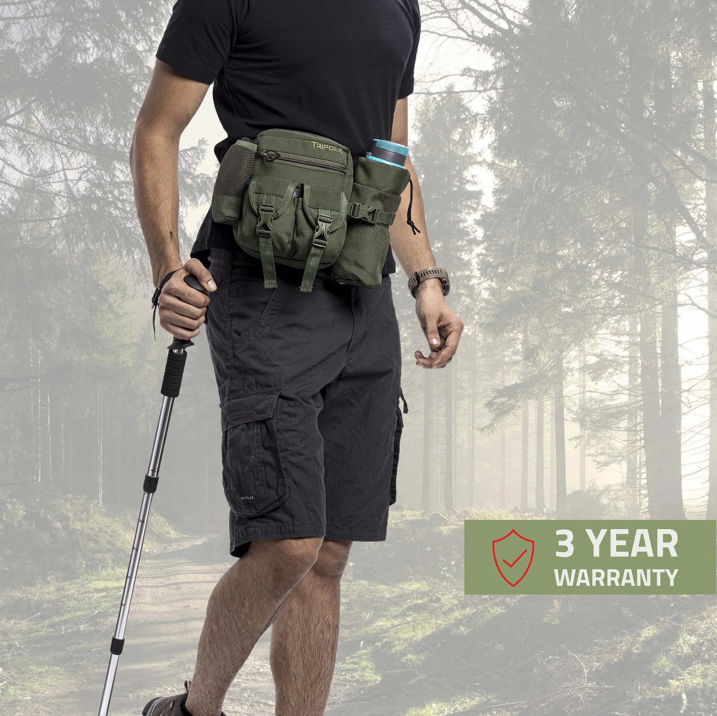 Tripole Waist Pack with Detachable Bottle Holder - Multi-Utility Waist and Sling Bag for Hiking, Cycling, and Backpacking Army Green
